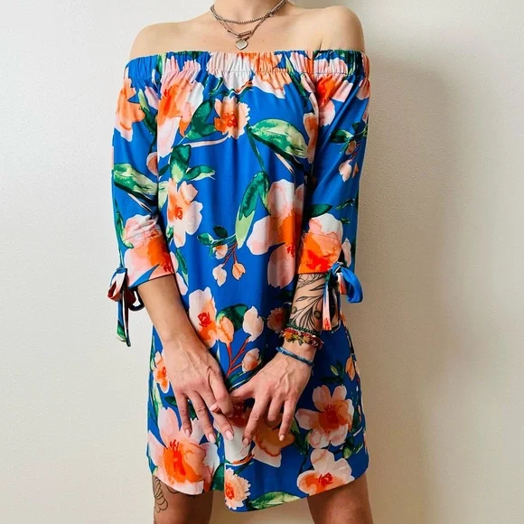 Vince Camuto off shoulder Tie Sleeve mini Dress floral - Picture 6 of 7